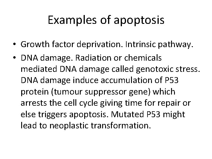 Examples of apoptosis • Growth factor deprivation. Intrinsic pathway. • DNA damage. Radiation or