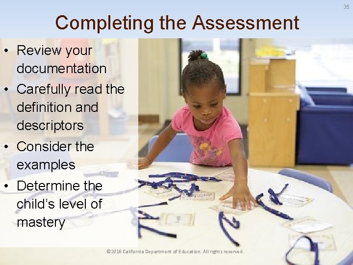 35 Completing the Assessment • Review your documentation • Carefully read the definition and