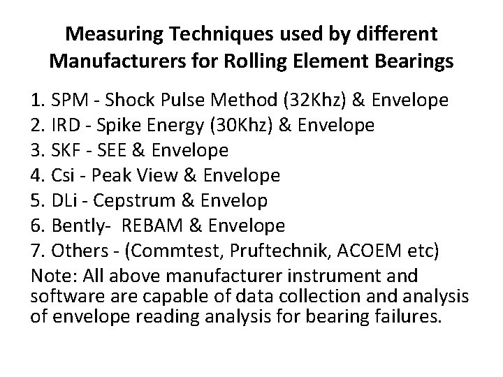 Measuring Techniques used by different Manufacturers for Rolling Element Bearings 1. SPM - Shock