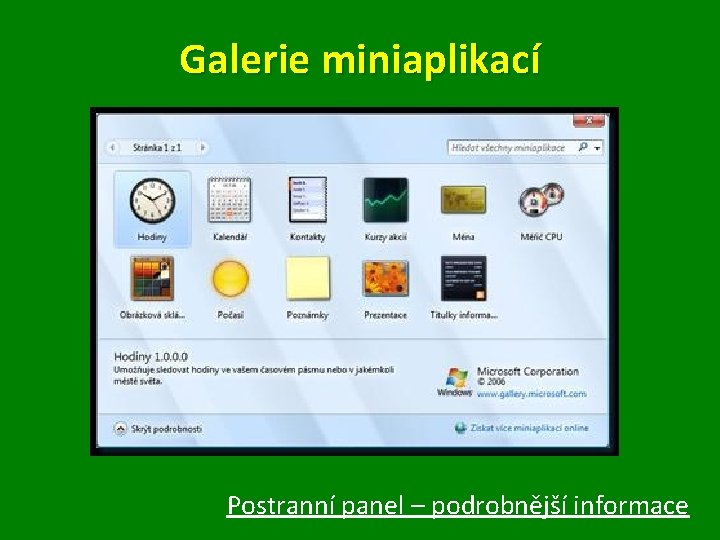 Galerie miniaplikací Postranní panel – podrobnější informace 