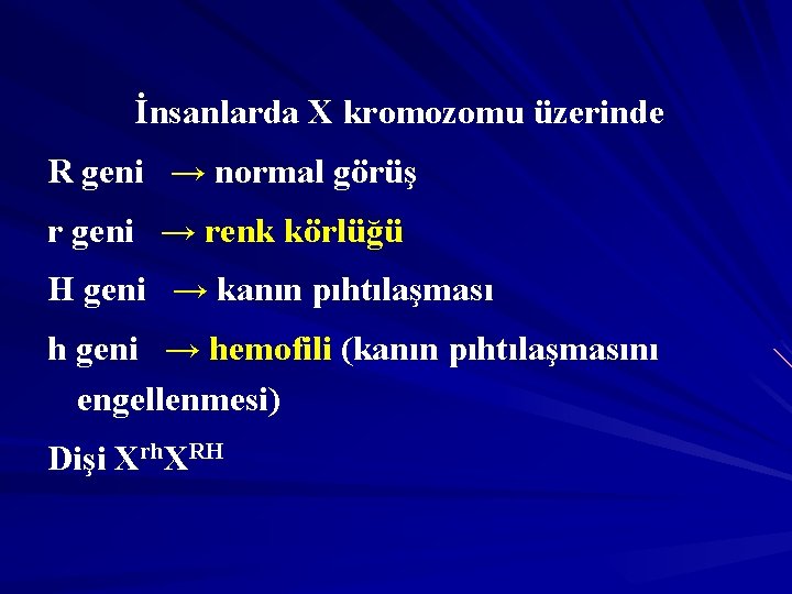 İnsanlarda X kromozomu üzerinde R geni → normal görüş r geni → renk körlüğü