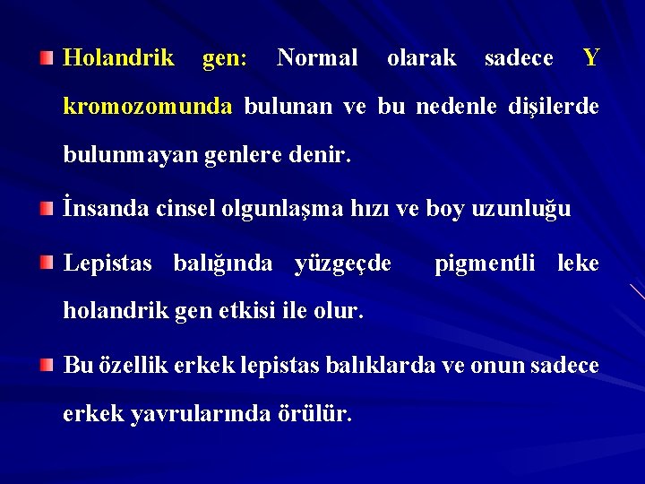 Holandrik gen: Normal olarak sadece Y kromozomunda bulunan ve bu nedenle dişilerde bulunmayan genlere