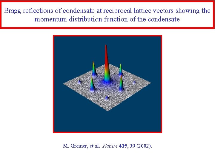 Bragg reflections of condensate at reciprocal lattice vectors showing the momentum distribution function of