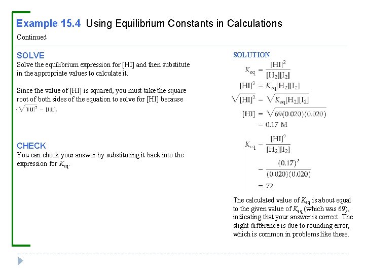 Example 15. 4 Using Equilibrium Constants in Calculations Continued SOLVE SOLUTION Solve the equilibrium