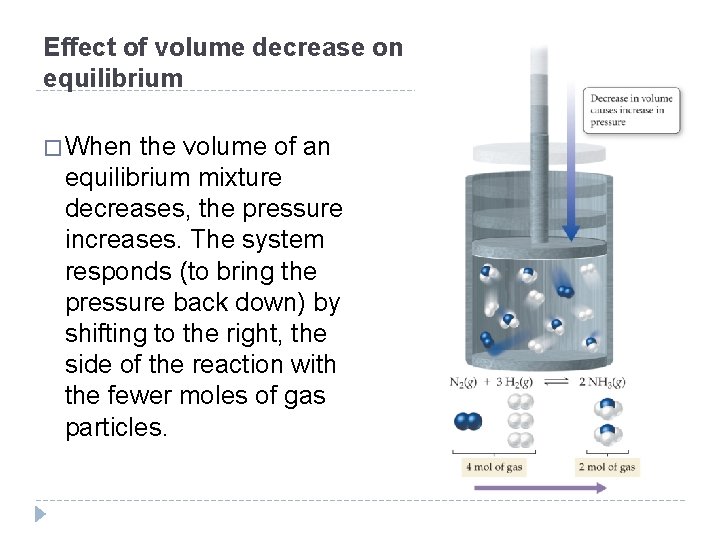 Effect of volume decrease on equilibrium � When the volume of an equilibrium mixture