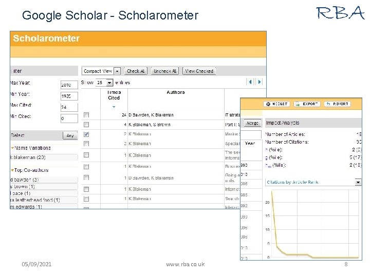 Google Scholar - Scholarometer 05/09/2021 www. rba. co. uk 8 