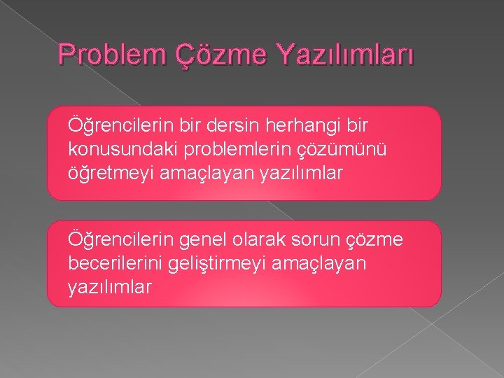 Problem Çözme Yazılımları Öğrencilerin bir dersin herhangi bir konusundaki problemlerin çözümünü öğretmeyi amaçlayan yazılımlar