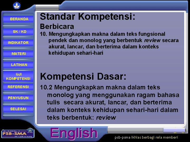 BERANDA SK / KD INDIKATOR MATERI Standar Kompetensi: Berbicara 10. Mengungkapkan makna dalam teks
