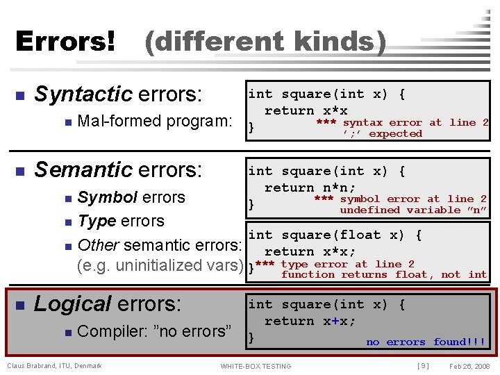 Errors! n Syntactic errors: n n (different kinds) Mal-formed program: Semantic errors: int square(int