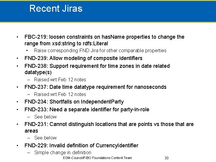 Recent Jiras • FBC-219: loosen constraints on has. Name properties to change the range