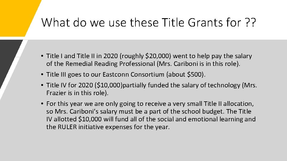 What do we use these Title Grants for ? ? • Title I and