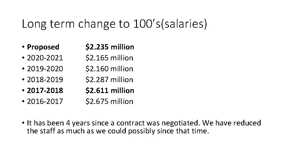 Long term change to 100’s(salaries) • Proposed • 2020 -2021 • 2019 -2020 •