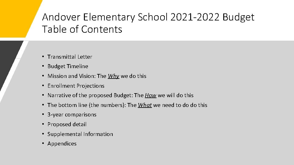 Andover Elementary School 2021 -2022 Budget Table of Contents • Transmittal Letter • Budget