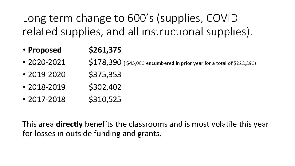 Long term change to 600’s (supplies, COVID related supplies, and all instructional supplies). •