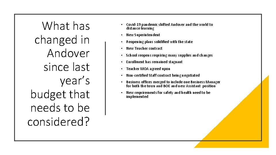 What has changed in Andover since last year’s budget that needs to be considered?