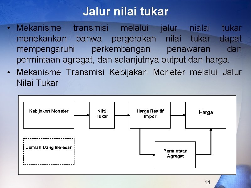 Jalur nilai tukar • Mekanisme transmisi melalui jalur nialai tukar menekankan bahwa pergerakan nilai