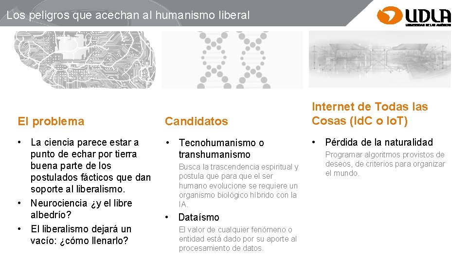 Los peligros que acechan al humanismo liberal El problema Candidatos • La ciencia parece