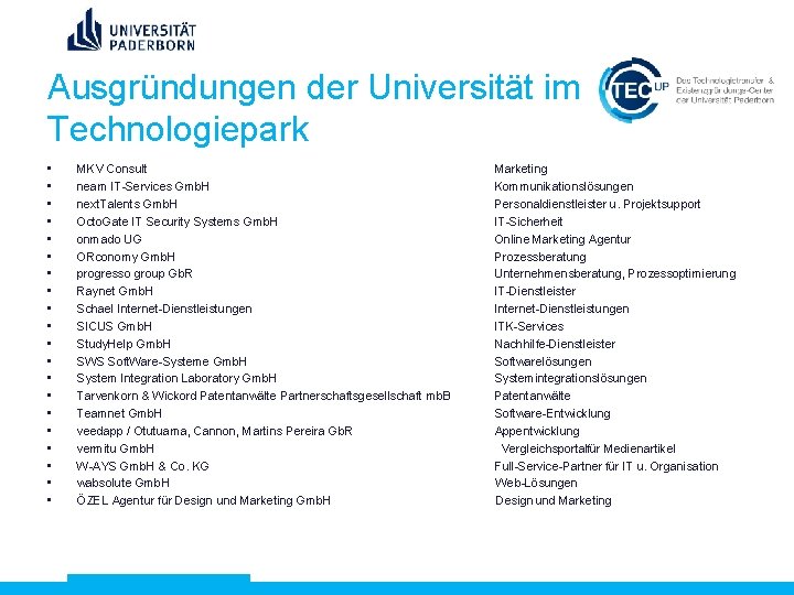 Ausgründungen der Universität im Technologiepark • • • • • MKV Consult neam IT-Services