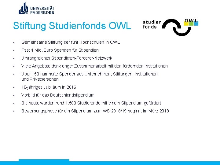 Stiftung Studienfonds OWL • Gemeinsame Stiftung der fünf Hochschulen in OWL • Fast 4