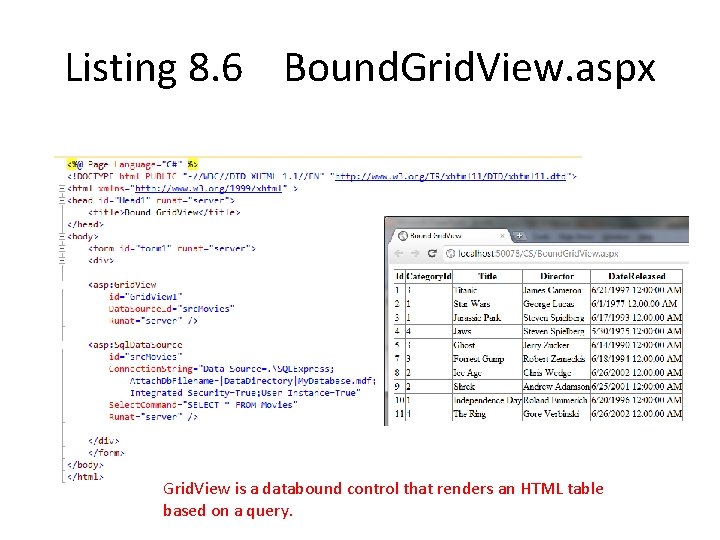 Listing 8. 6 Bound. Grid. View. aspx Grid. View is a databound control that Listing 8. 6 Bound. Grid. View. aspx Grid. View is a databound control that