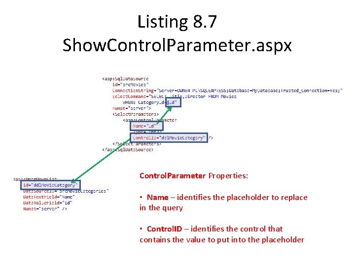 Listing 8. 7 Show. Control. Parameter. aspx Control. Parameter Properties: • Name – identifies Listing 8. 7 Show. Control. Parameter. aspx Control. Parameter Properties: • Name – identifies