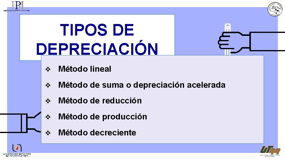 TIPOS DE DEPRECIACIÓN Método lineal Método de suma o depreciación acelerada Método de reducción
