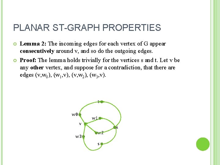 PLANAR ST-GRAPH PROPERTIES Lemma 2: The incoming edges for each vertex of G appear