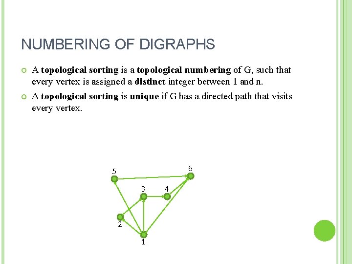 NUMBERING OF DIGRAPHS A topological sorting is a topological numbering of G, such that