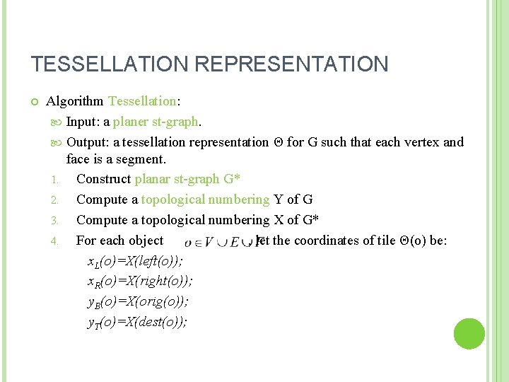 TESSELLATION REPRESENTATION Algorithm Tessellation: Input: a planer st-graph. Output: a tessellation representation Θ for