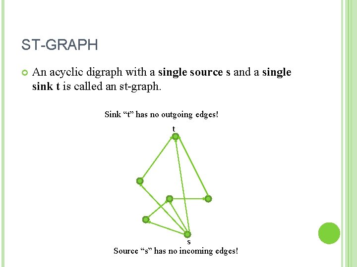 ST-GRAPH An acyclic digraph with a single source s and a single sink t