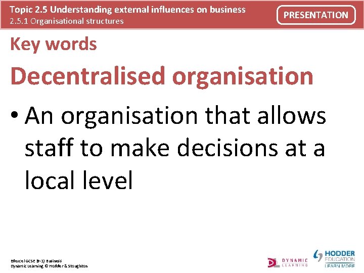 Topic 2. 5 Understanding external influences on business 2. 5. 1 Organisational structures PRESENTATION