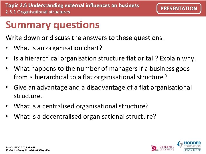 Topic 2. 5 Understanding external influences on business 2. 5. 1 Organisational structures PRESENTATION