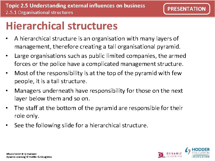 Topic 2. 5 Understanding external influences on business 2. 5. 1 Organisational structures PRESENTATION