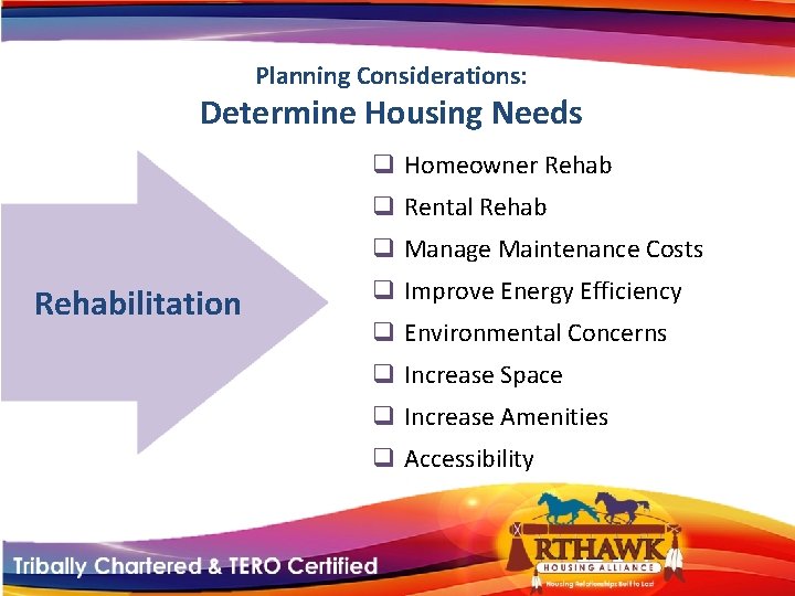 Planning Considerations: Determine Housing Needs q Homeowner Rehab q Rental Rehab q Manage Maintenance