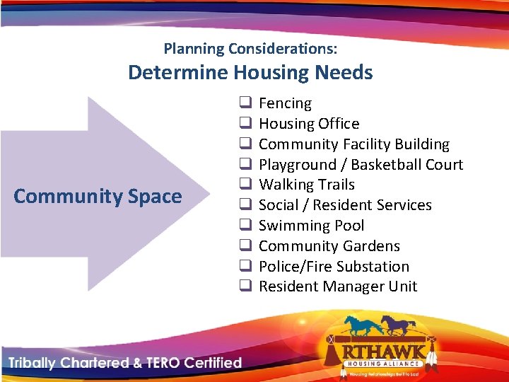 Planning Considerations: Determine Housing Needs Community Space q Fencing q Housing Office q Community