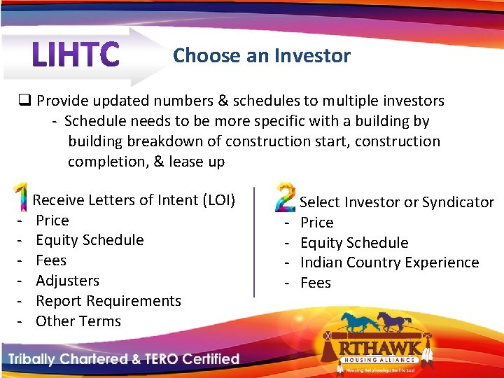 Choose an Investor q Provide updated numbers & schedules to multiple investors - Schedule