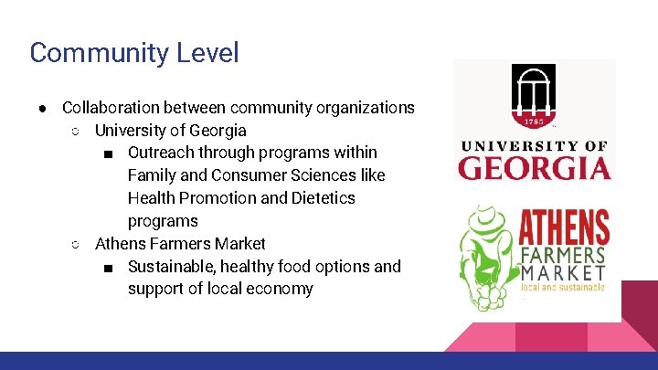 Community Level ● Collaboration between community organizations ○ University of Georgia ■ Outreach through