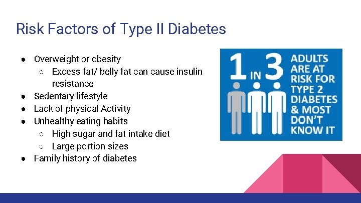 Risk Factors of Type II Diabetes ● Overweight or obesity ○ Excess fat/ belly