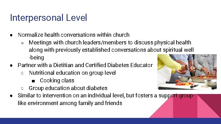 Interpersonal Level ● Normalize health conversations within church ○ Meetings with church leaders/members to