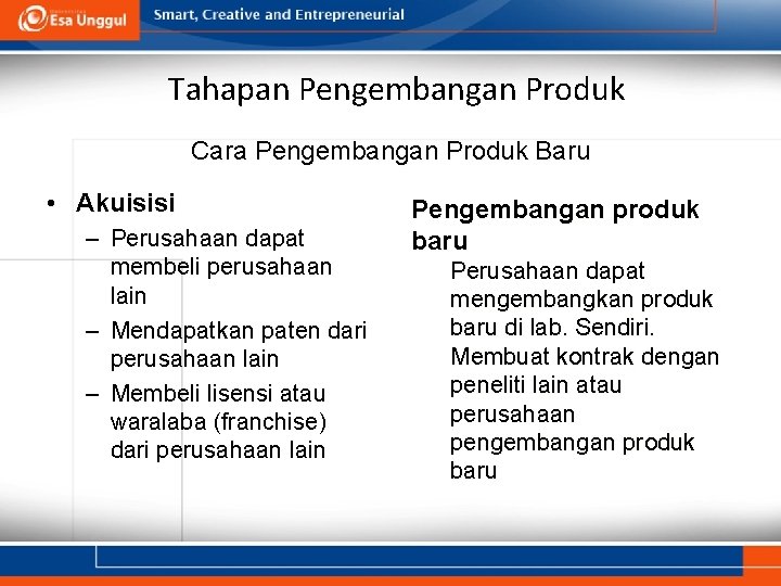 Tahapan Pengembangan Produk Cara Pengembangan Produk Baru • Akuisisi – Perusahaan dapat membeli perusahaan