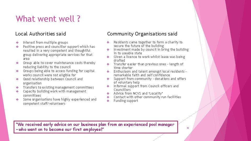 What went well ? Local Authorities said v v v v Interest from multiple