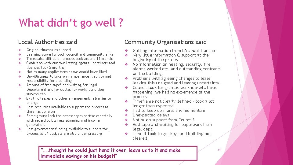 What didn’t go well ? Local Authorities said v v v Original timescales slipped