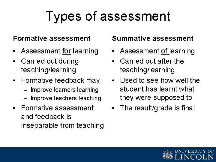 Types of assessment Formative assessment Summative assessment • Assessment for learning • Carried out
