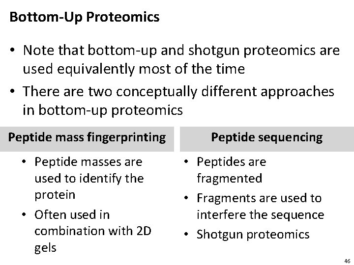 Bottom-Up Proteomics • Note that bottom-up and shotgun proteomics are used equivalently most of