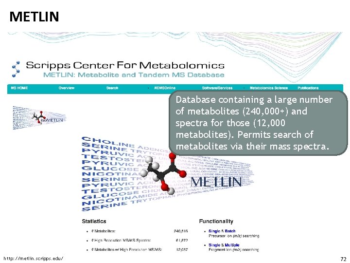 METLIN Database containing a large number of metabolites (240, 000+) and spectra for those