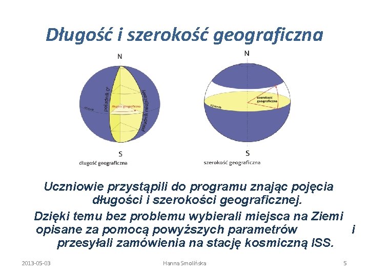 Długość i szerokość geograficzna Uczniowie przystąpili do programu znając pojęcia długości i szerokości geograficznej.