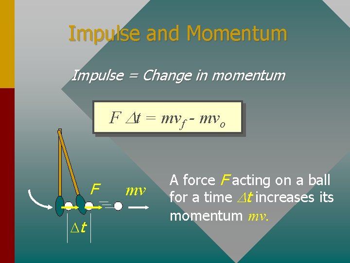 Impulse and Momentum Impulse = Change in momentum F Dt = mvf - mvo