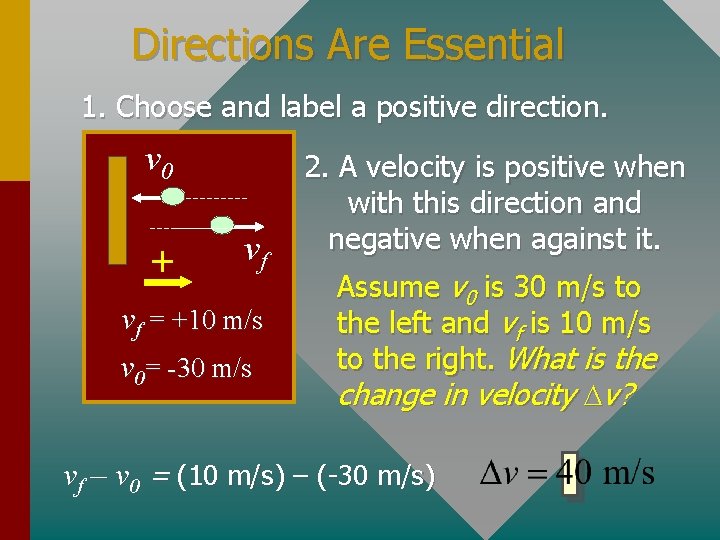 Directions Are Essential 1. Choose and label a positive direction. v 0 + vf