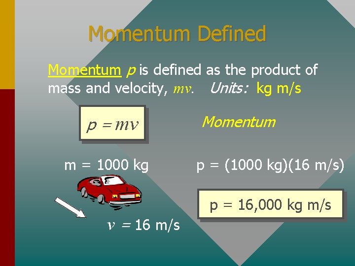 Momentum Defined Momentum p is defined as the product of mass and velocity, mv.