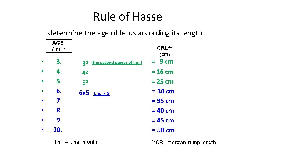 Rule of Hasse determine the age of fetus according its length AGE (l. m.